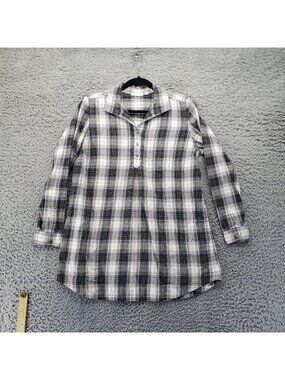 J. Jill Shirt Womens Medium Black White Plaid Button Henley Long Sleeve Cotton